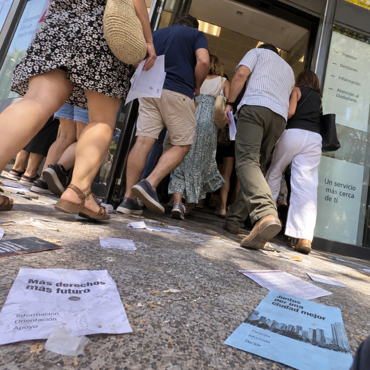 Escena sintética ficticia de una fila en movimiento hacia una entrada acristalada