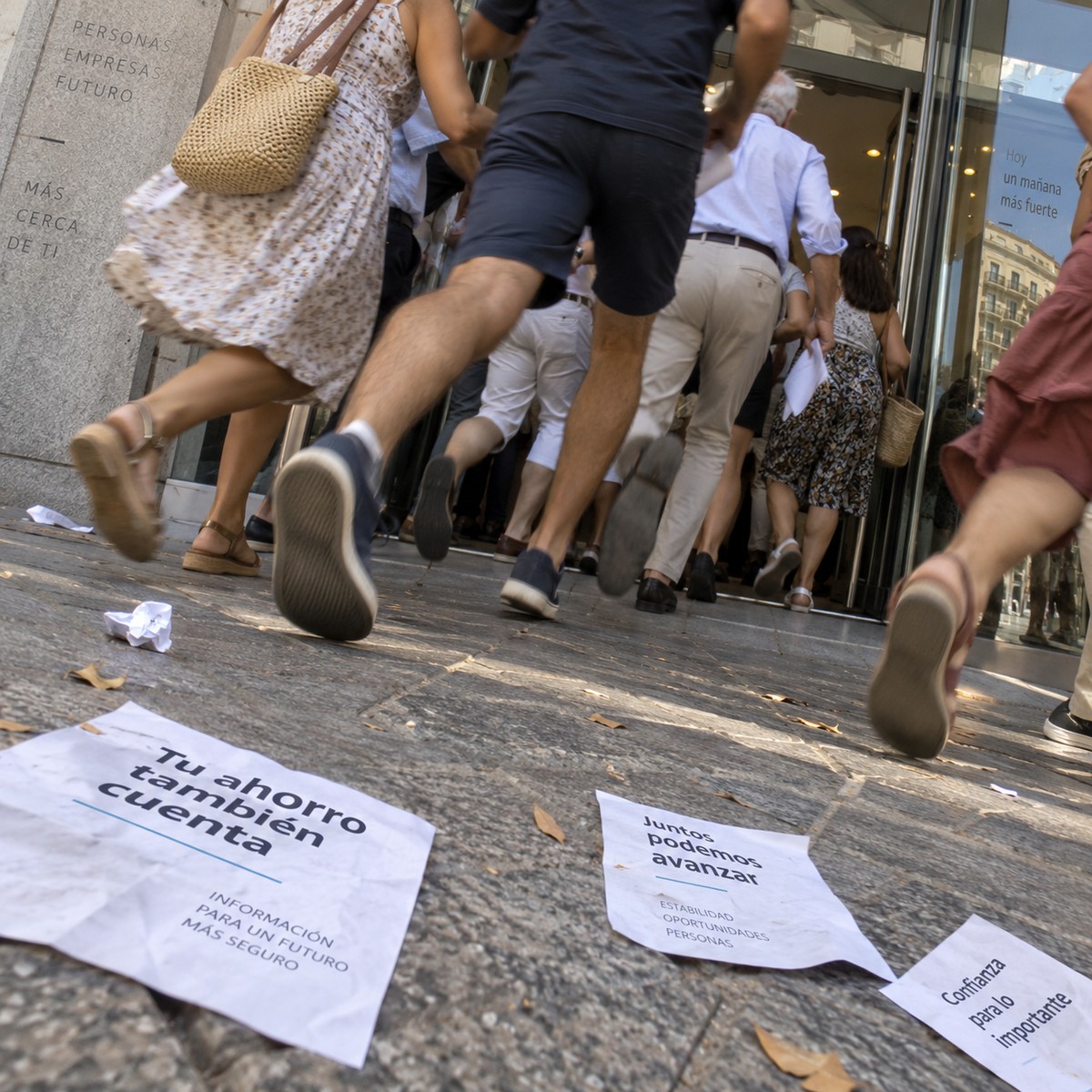 Recreación visual a ras de suelo de personas entrando en un edificio con material impreso disperso