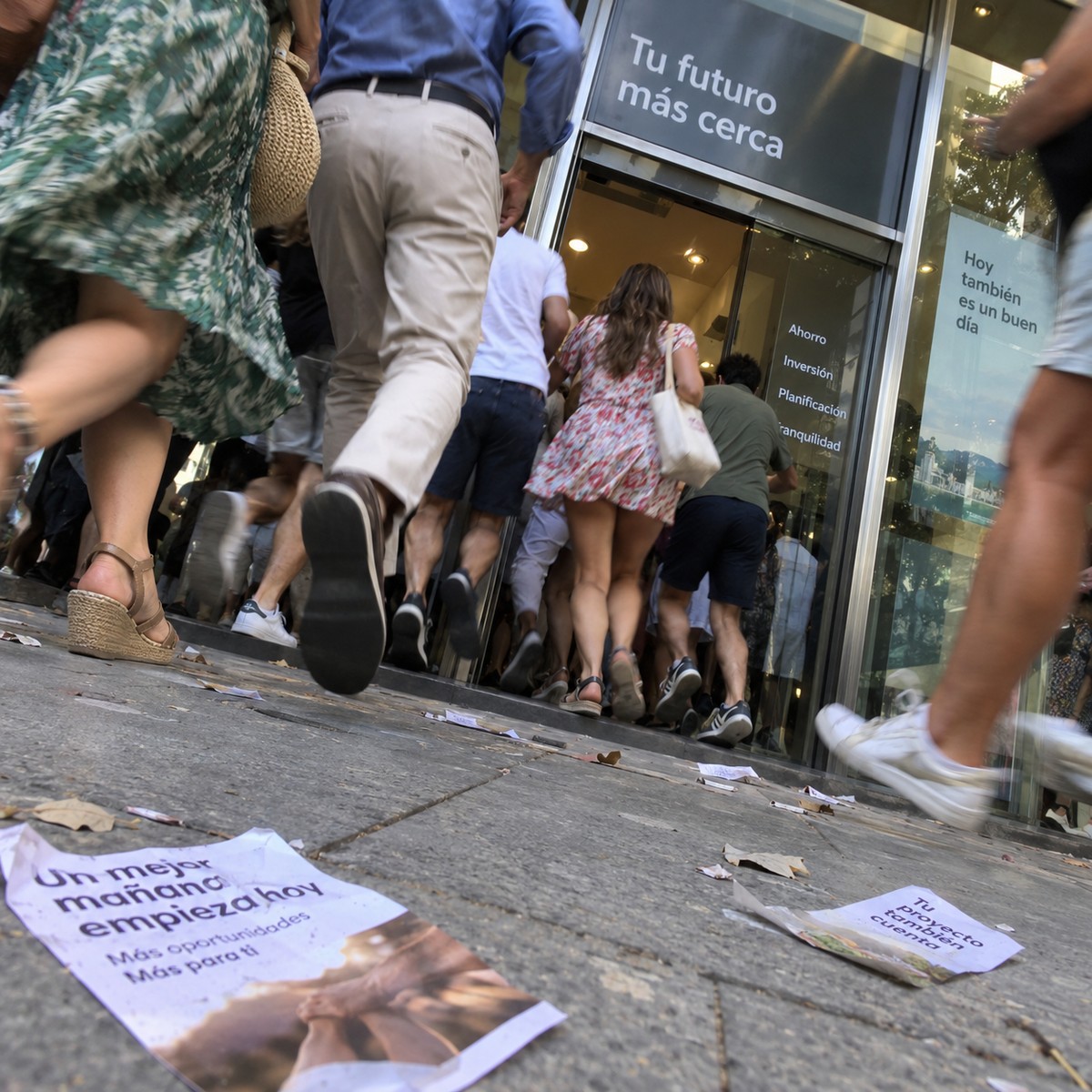 Imagen sintética de una multitud en movimiento junto a una entrada urbana con carteles y papeles